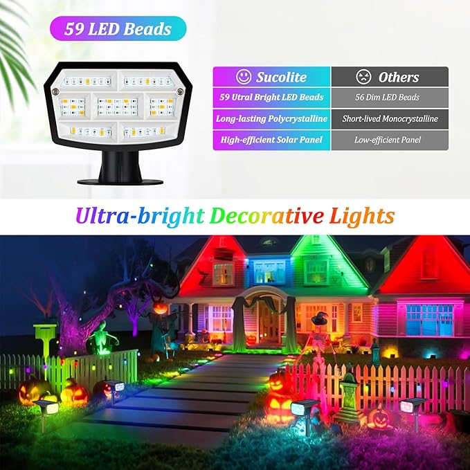 8-Pack Solar Spot Lights Outdoor, 59 LED Solar Lights Outdoor Waterproof, 9 Lighting Modes Outdoor Solar Lights for Yard, Landscape Spotlights for Christmas Garden Pathway Multicolor
