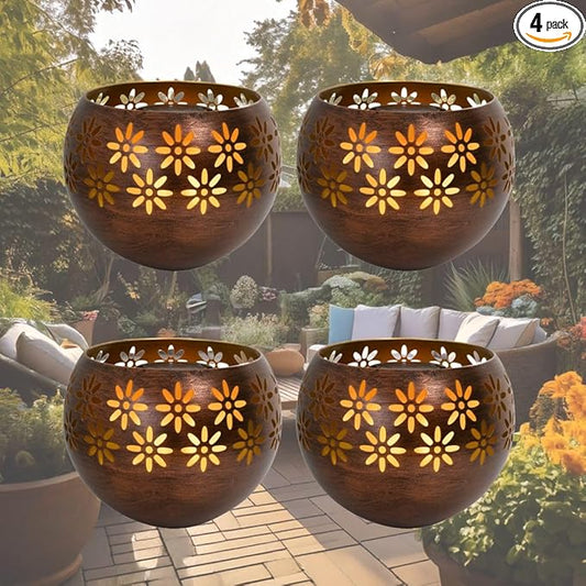 Original Solar Fire Bowl 8” (4-Pack) Decorative Metal Solar Patio Light with Flickering Flame, Waterproof Dusk-to-Dawn Garden Lantern in Bronze/Copper Finish