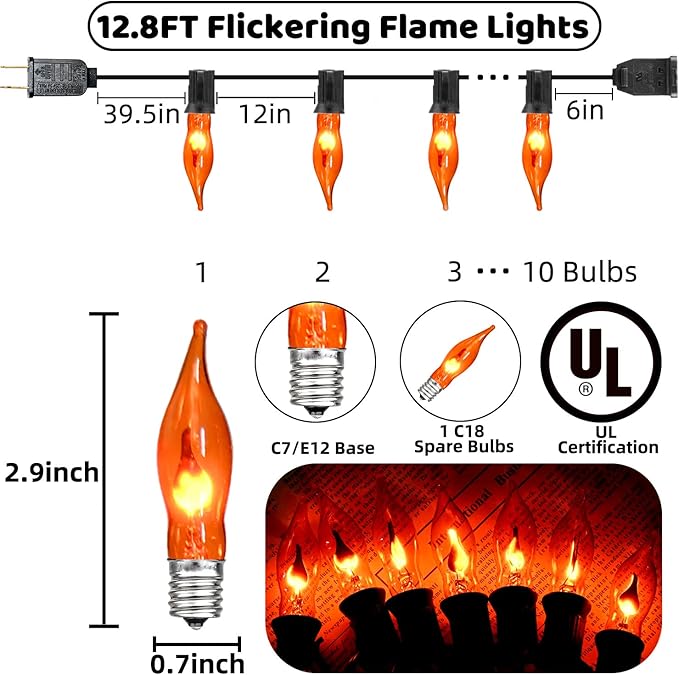 Flickering Flame String Lights Orange Halloween Lights with 10 Pack C7 Orange Flame Light Bulbs, 12.8Ft Orange Flame String Lights for Halloween Decorations for Home Party Yard
