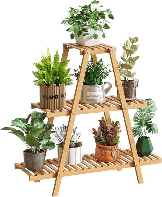 Plant Stand Indoor Plant Shelf Outdoor bamboo Plant Rack, 3 Tiers Ladder Plant Holder Flower Stand for Living Room Balcony Garden Patio,Living Room Boho Home Decor for Gardening Gifts (Natural)