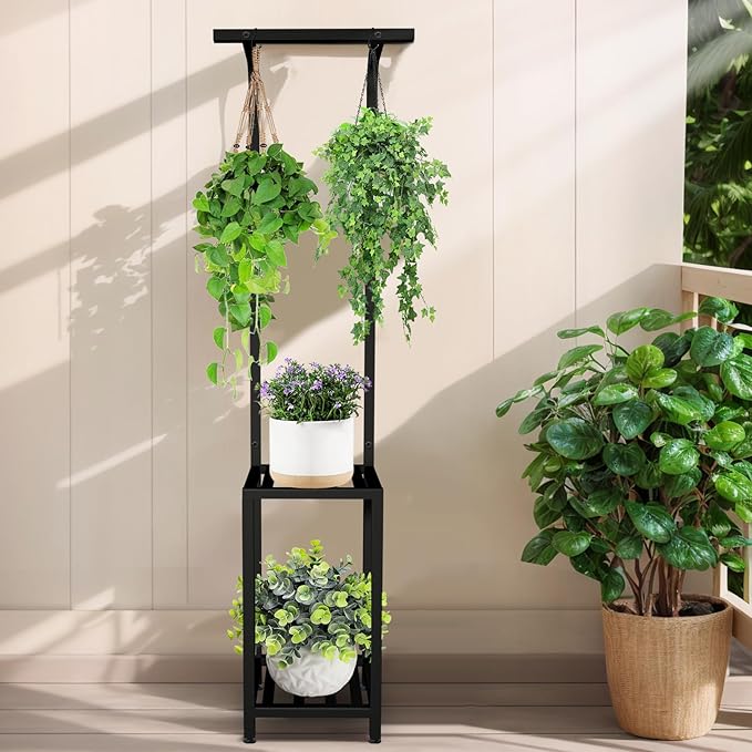 Plant Stand Indoor Outdoor, 65" Tall Plant Stand Outdoor 3 Tiered Hanging Plant Shelf Heavy Duty Flower Stand Multiple Plant Metal Display Rack for Living Room Garden Balcony