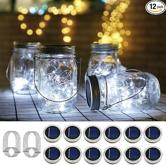 Solar Mason Jar Lights, 12 Pack 30 LED Waterproof Lid Light with Hangers (No Jar), Fairy Firefly Outdoor String Lights for Regular Mason Jar, Patio, Yard, Garden, Wedding Decoration (Cold White)