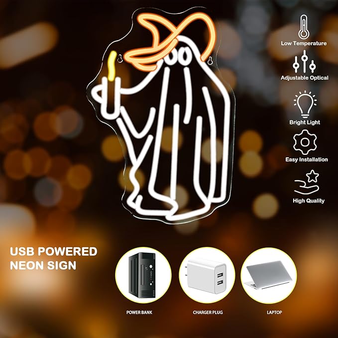 Ghost Neon Sign Wall Decor, Ghost Neon Light Bedroom Wall Decor Suitable for Kids Game Room Man Cave Birthday Halloween Decoration Gift