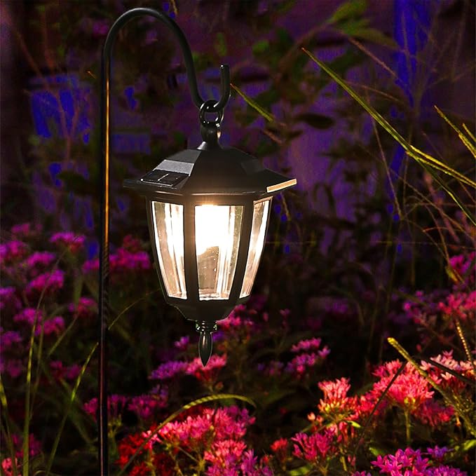 Dynaming 2 Pack Solar Hanging Lights Outdoor, Solar Powered Garden Decorative Lanterns with 2 x 38 Inch Shepherd Hooks, Waterproof Landscape Lighting for Lawn Patio Yard Pathway Driveway, Warm White