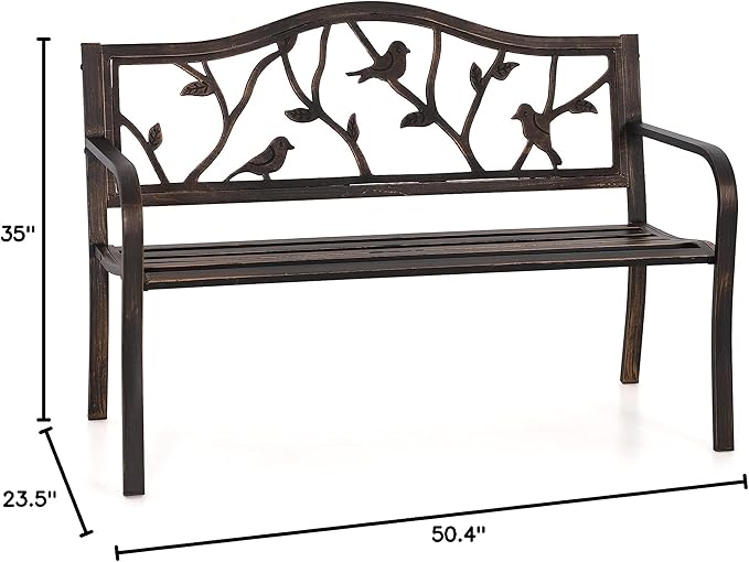 PHI VILLA Outdoor Garden Park Bench Patio 50" Metal Bench, Steel Frame Bench with Backrest and Armrests for Porch, Lawn, Balcony, Backyard and Indoor, Bronze