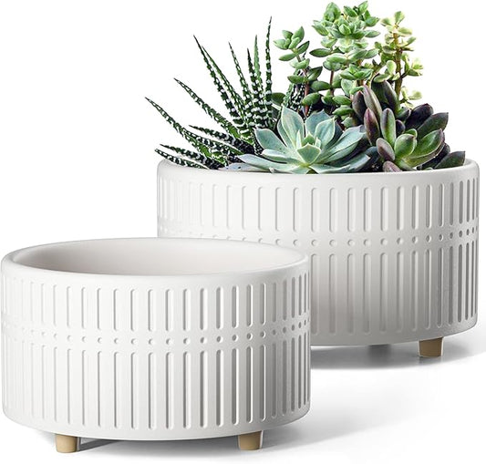 LE TAUCI Succulent Pots, 6.5+8 Inch Ceramic Indoor Plant Pot with Drainage Hole, Modern Round Decorative Flower Pot, Set of 2, Matte White