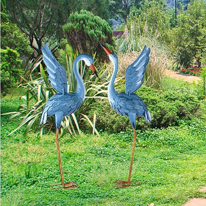 Garden Crane Statue Animal Sculpture Standing Metal Crane Garden Decoration Metal Yard Art for Yard Outdoor Indoor Decoration Set of 2