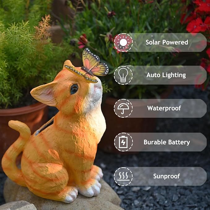 Cat Garden Figurines Outdoor Decor Solar Statue with LED Lights for Patio Lawn Yard Art Decoration Housewarming Garden Gift