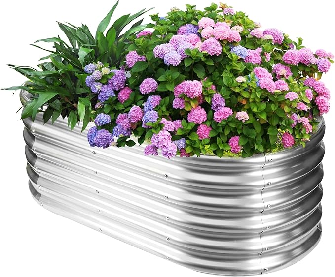 17" Tall Outdoor Garden Raised Garden Bed Kits, 4ft X 2ft Oval,0.8MM Thick Metal Raised Planter Bed/Ground Planter Box for Variety of Flowers,Herbs,Vegetables (Silver, 48X24X16.5 Inches)