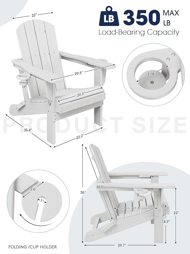 KINGYES Folding Adirondack Chair Set of 8, Dual Cup Holders & All-Weather HDPE, Wood-Like Patio Chair for Backyard, Camping, Pool & Fire Pit, White