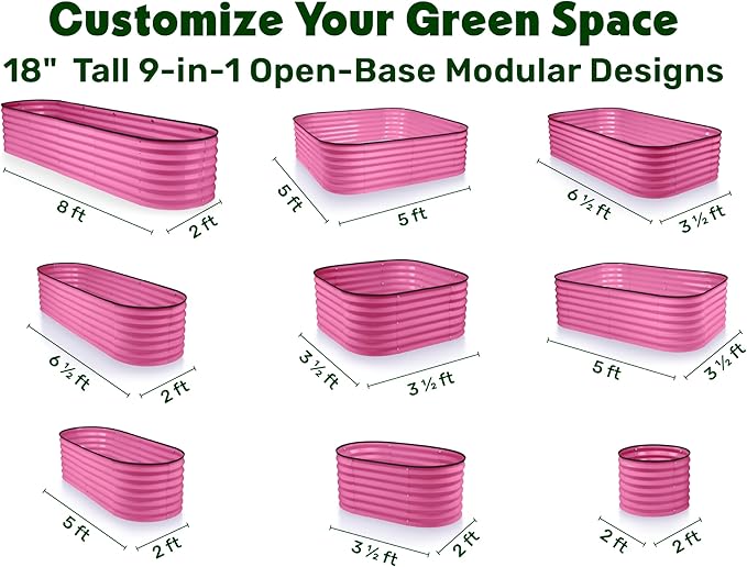 9-in-1 Galvanized Steel Raised Garden Bed // 8×2×1.5 ft Modular Planter for Gardening, Vegetables, Flowers // 18" Tall Metal Raised Garden Beds Outdoor (Pink) // Patented Design Planter Box