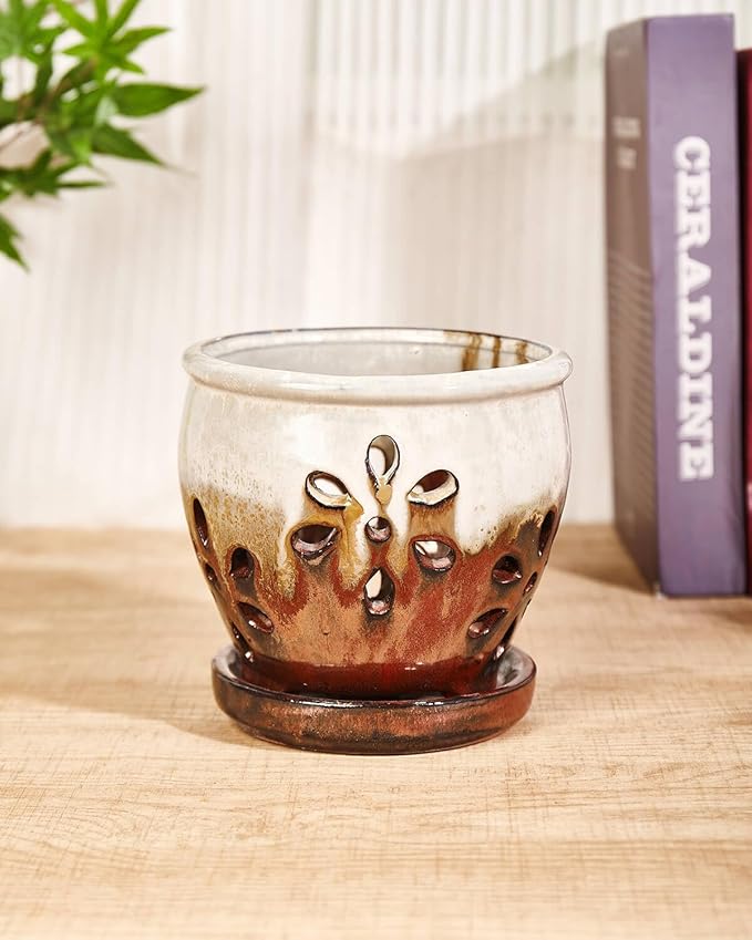 vensovo 5 Inch Ceramic Orchid Pots with Holes and Saucers - 1 Pcs Small Succulent Pot for Repotting, Garden Flowerpots for Plants Indoor and Outdoor Promotes Air Circulation, Brown Mixed