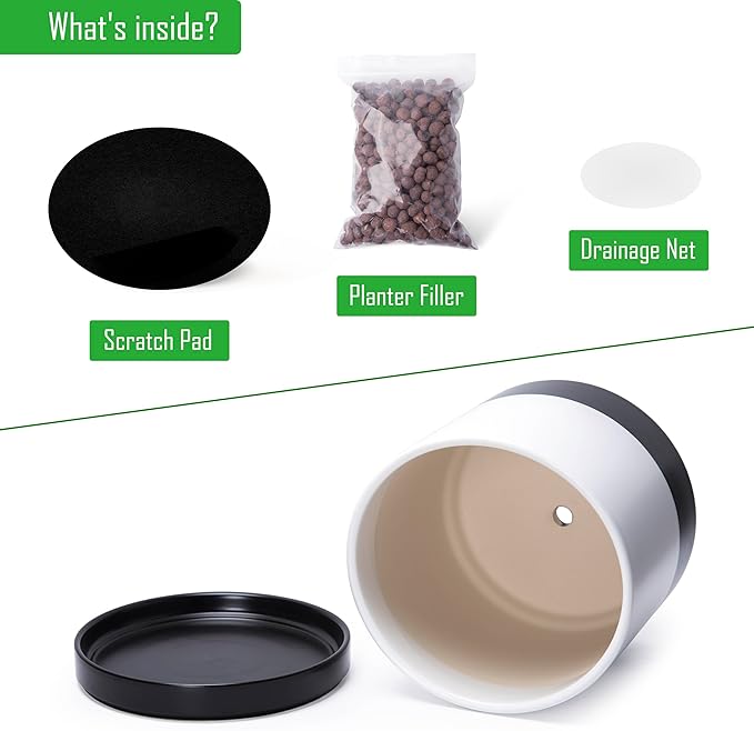 D'vine Dev 12 Inch Ceramic Planter Pot with Drainage Hole and Saucer, Indoor Cylinder Round Planter Pot, Layered Monochrome Black & White, 94-O-F-L