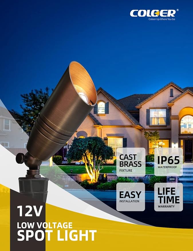 COLOER Die-cast Brass Landscape Spotlights Outdoor, 12V AC/DC Low Voltage Lighting, IP65 Waterproof Outdoor Directional Garden Patio Trees Spot Uplight (102B,10-Pack Without Bulb)