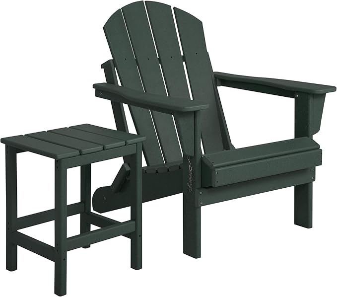 WO Home Furniture Adirondack Chair Table Set of 2 PCS Outdoor Folding Chair w Side Table Weather/UV Resistant for Lawn, Garden, Bon Fire, Balcony (Dark Green)