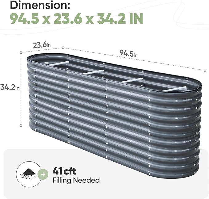 KING BIRD Raised Garden Bed 2.85 ft Tall 9 in 1 Galvanized Planter Garden Box Outdoor for Gardening, Deep Root Vegetables, Flowers 94.5X23.6X34.2 in, Dark Grey