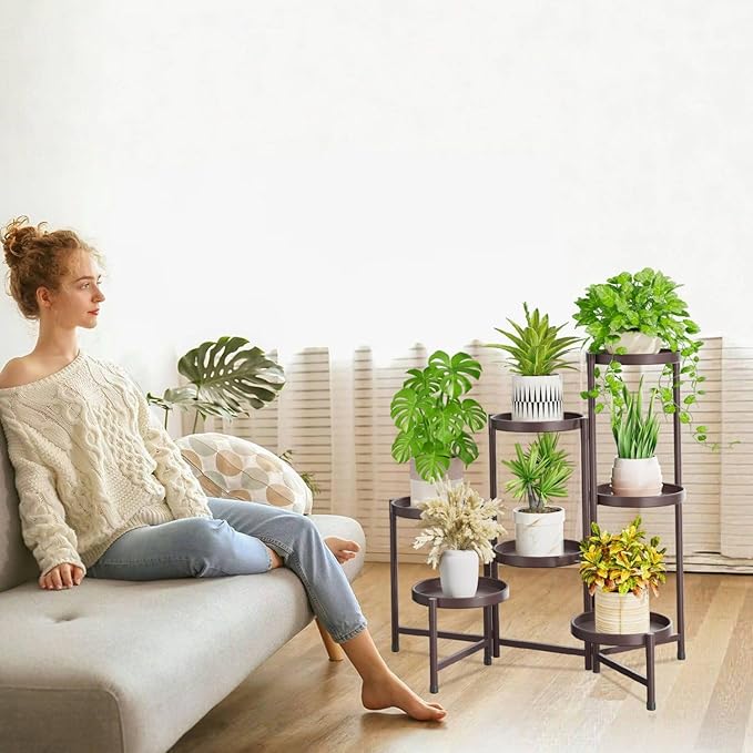 iDavosic.ly 7 Tier Large Plant Stand Indoor, 10 Inch Wide Tall Corner Metal Plant Stands Outdoor for Multiple Plants, Folding Tiered Flower Display Holder Rack Shelf, Violet Bronze