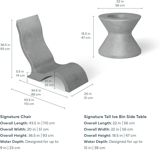 Ledge Lounger Signature Chair Set - Two Chairs - Ice Bin Side Table - in-Pool - On-Deck - Water Depths 0-9” - All Types - Resin Water Chairs - Pool, Sundeck, Outdoor Patio (Granite Grey)