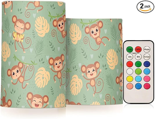 Flickering Flameless Candles, Cute Monkey LED Candles with Remote Timer, Set of 2 Battery Operated Candle for Valentine Wedding Birthday