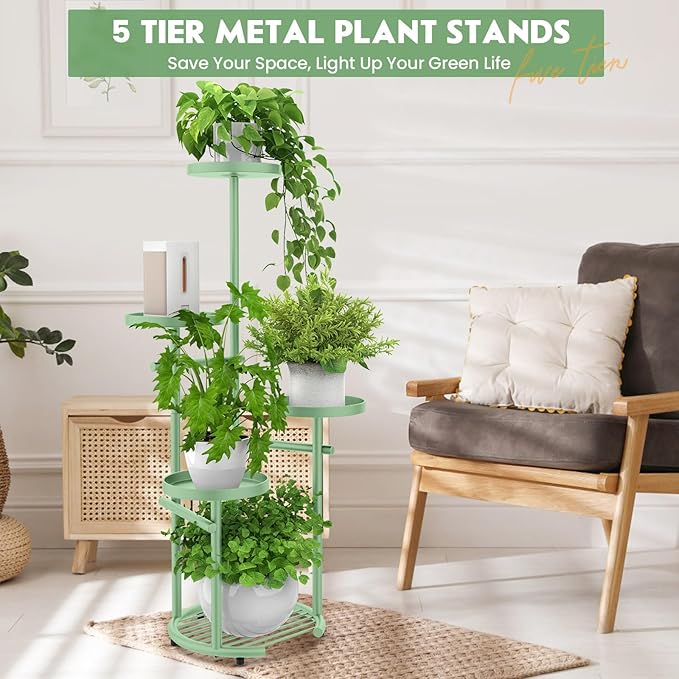 TOSKING 5 Tier Metal Plant Stand Indoor， Plant Shelf, Corner Shelf Flower Pot Stand for Outdoor Plant Stand for Living Room Balcony Garden Patio Bedroom (Green, 42inches)