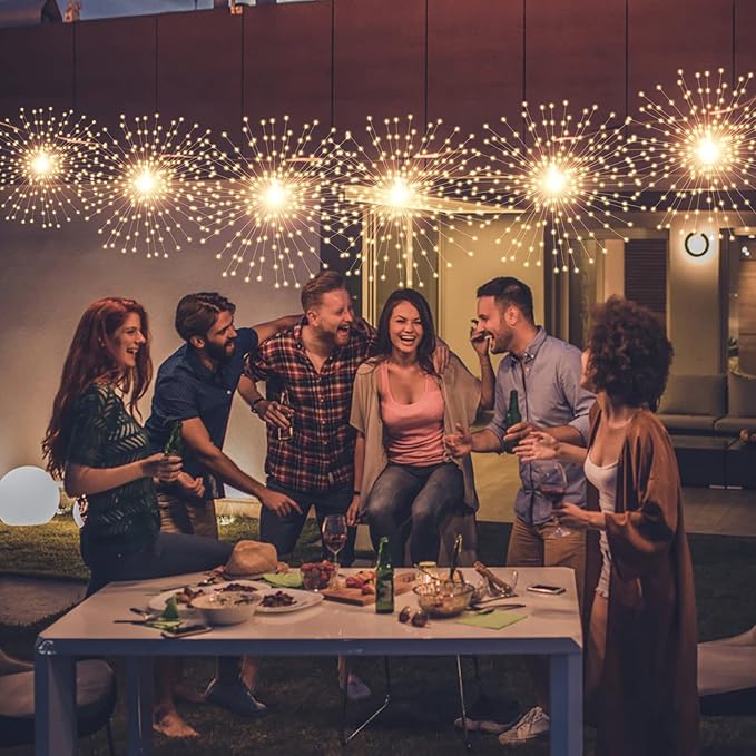 4 Pack 800 LED Starburst Sphere Lights, Battery Operated Firework, 8 Modes Dimmable Remote Control Waterproof Hanging Fairy, Copper Wire for Patio Parties Christmas (Warm White)