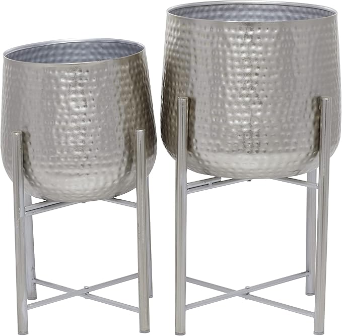 CosmoLiving by Cosmopolitan Metal Indoor Outdoor Planter Hammered Large Planter Pot with X-Shaped Stands, Set of 2 Planters 19", 16"H, Silver