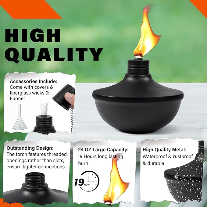 2-Pack Upgraded Tabletop Torches, 24 oz Citronella Torch Lights, Refillable Torch with Wicks, Covers, and Funnel Included - Ideal for Garden, Patio, Deck, Yard, Party, Landscape