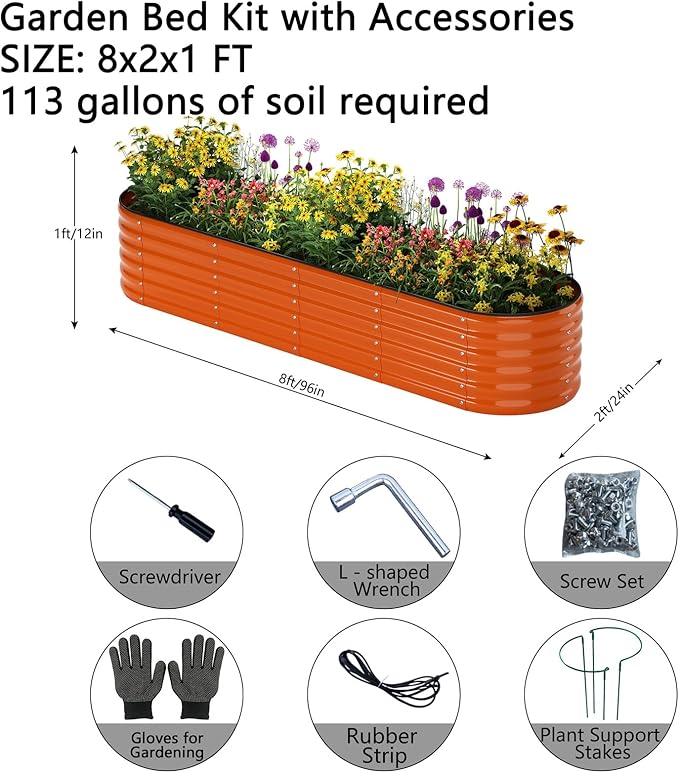 Galvanized Metal Planter Raised Garden Bed Kit for Gardening Outdoor，8x2x1ft Planter Grow Garden Box Raised Flower Bed，Long Vegetable Clearance Herb Raised Garden Beds for Gardening