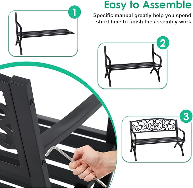 FDW Outdoor 50 Inches Garden Bench, Slatted Seat Armrests Floral Design Backres and Arch Legs, Perfect for Park, Yard, Porch, Lawn, Balcony, Backyard, Black