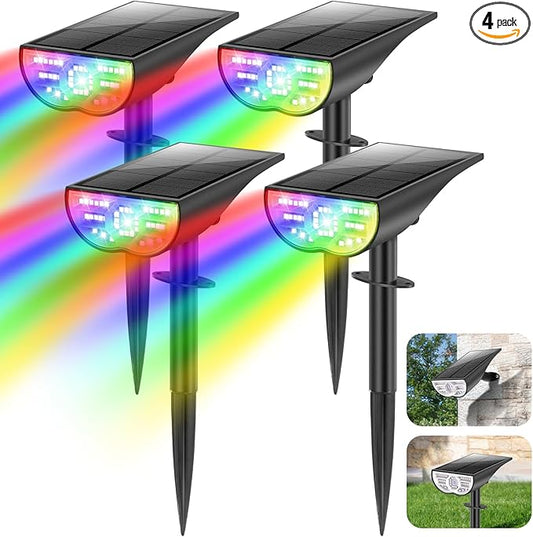Solar Color Changing Spot Lights Outdoor, Multi-color RGB Solar Landscape Lights IP67 Waterproof, 9 Lighting Modes Solar Powered Spotlights for Christmas Holiday Decorations Yard Garden, 4-Pack