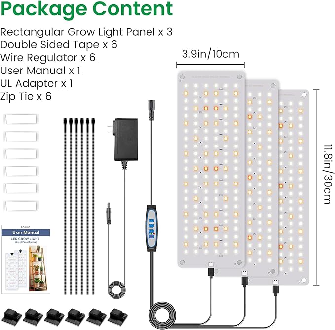 Grow Light, Full Spectrum Under Cabinet Plant Lights for Indoor Growing 3 Panels, Lightweight Plant Light Panel with UL Adaptor, Large Area Illumination 414 LEDs Grow Lamp for Seedlings