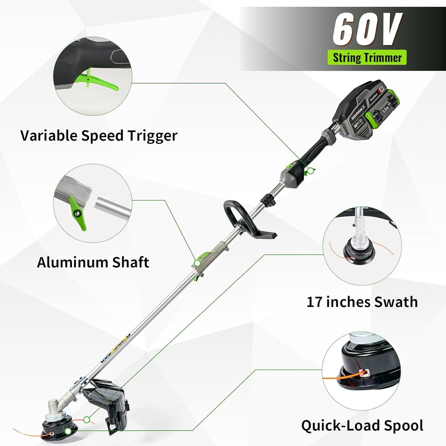 60V Lithium Ion Cordless String Trimmer, 17 Inch Two Speed Brushless String Trimmer with 5.0Ah Battery and Charger