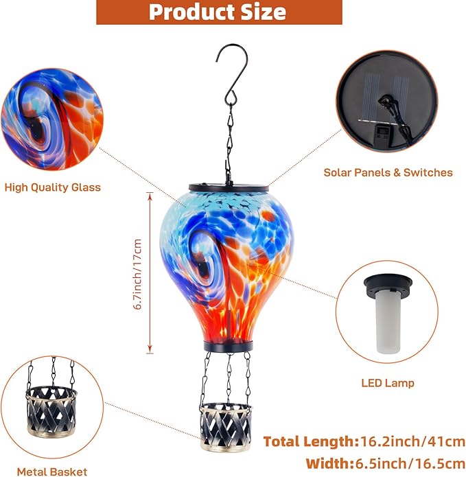 Starsoul Unique Hot Air Balloon Solar Lantern Glass Outdoor Hot Air Balloon Solar Flickering Flame Light Waterproof Hanging Solar Lantern with Big Basket for Garden Yard Patio Decor