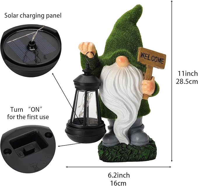 Garden Gnome Statue Solar Light Outdoor Decorations Figurine Welcome Sign with Lantern Sculpture Garden Decor Lawn Patio Yard Porch Outside Housewarming Gifts for Women Mom Grandma