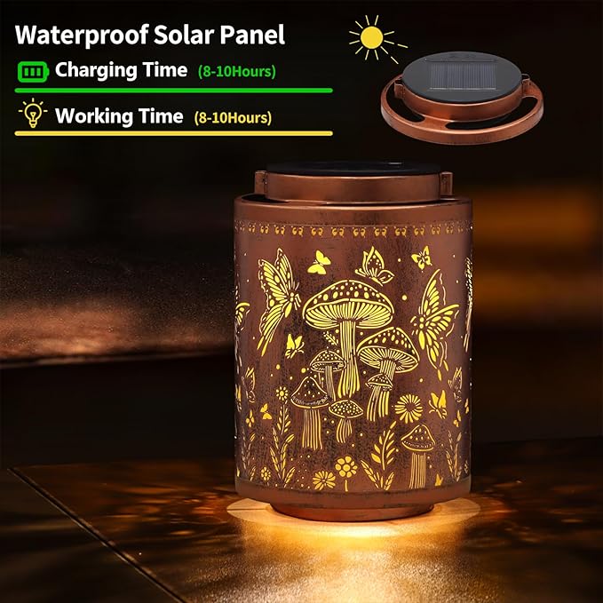 Solar Lanterns Outdoor Waterproof Mushroom Butterfly Garden Decor Gifts for Women Mon Grandma Metal Hanging Solar Lights Decoration for Outside LED Lanterns for Yard Patio Lawn Pathway Landscape