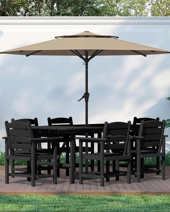 Patio Dining Set for 6 with Umbrella Hole - 66" Outdoor Table & 6 Chairs, All-Weather HDPE Outdoor Furniture for Lawn, Garden, Backyard, Poolside, Black
