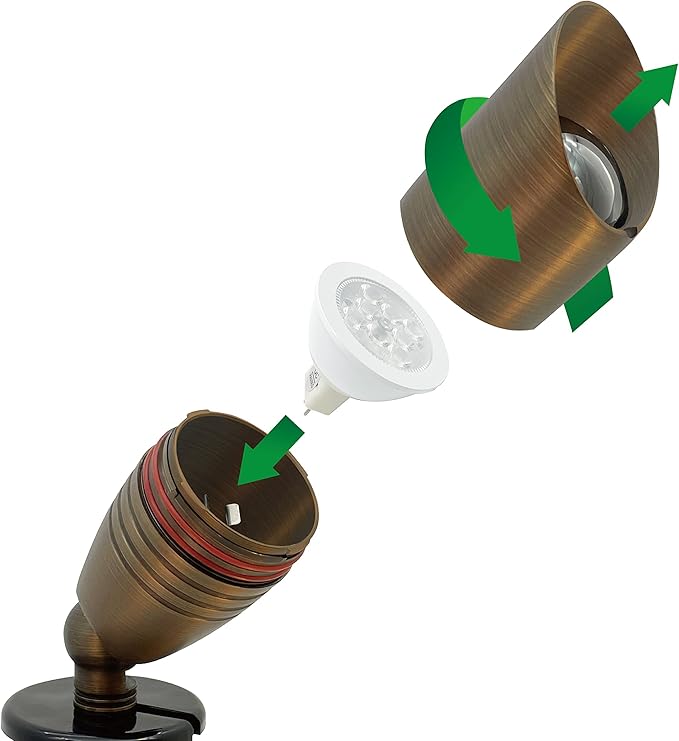 GKOLED UL Listed Solid Brass Landscape Spotlight, Low Voltage Outdoor Directional Uplight, with 5W MR16 LED Bulb & Large Rugged Slot Spike, 12V AC/DC Garden Patio Spot Up Light