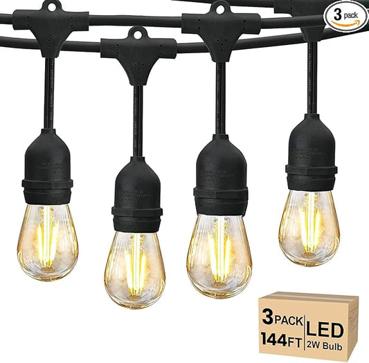 Svater 144 FT Outdoor String Lights 2W, Patio Light for Outside with 48 Antique S14 Plastic LED Bulbs, IP65 Waterproof Hanging Cafe Market Lighting, ETL-Listed Dimmable Warm White (48 FT x 3)