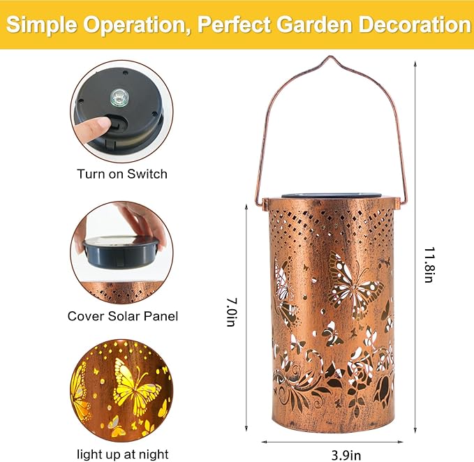 2 Pack Butterfly Solar Lanterns Outdoor Hanging Lantern Lights, Butterfly Hollowed-Out Metal Decor Lantern, Waterproof LED Decorative Garden Light - Delicate Garden Decoration