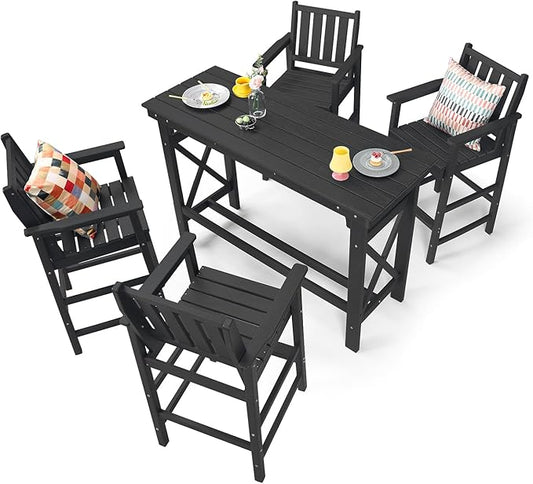 5-Piece HDPE Patio Bar Set, Rectangular Bar Height Table and 4 Adirondack Bar Chairs, All Weather Outdoor Bar Stools Set, Outdoor Bar Table and Chairs Set for Balcony, Pool, Porch, Obsidian
