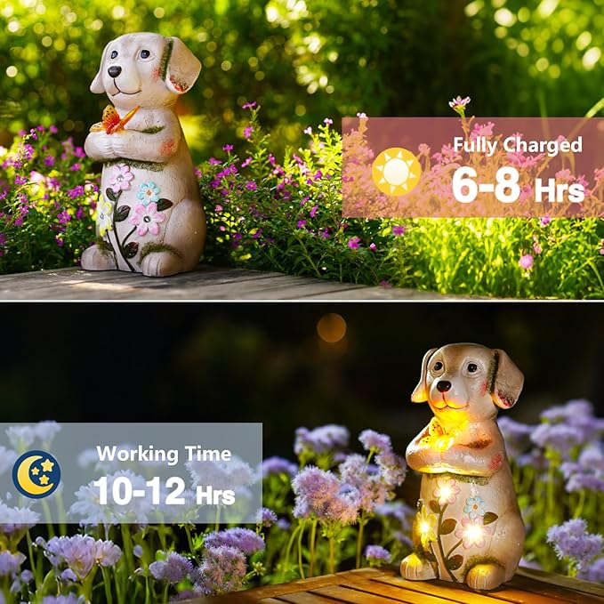 Solar Dog holiding Solar Butterfly Lights - Resin Garden Outdoor Decorations for Patio,Balcony,Yard,Birthday Garden Gifts for Women Mom