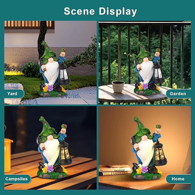 Garden Gnome Solar Figurine Lights - Solar Powered Lighting Outdoor Decorations with Lantern & Shovel, Yard Art Lawn Ornaments for Porch Patio Balcony - Gnome Gifts for Women Mom