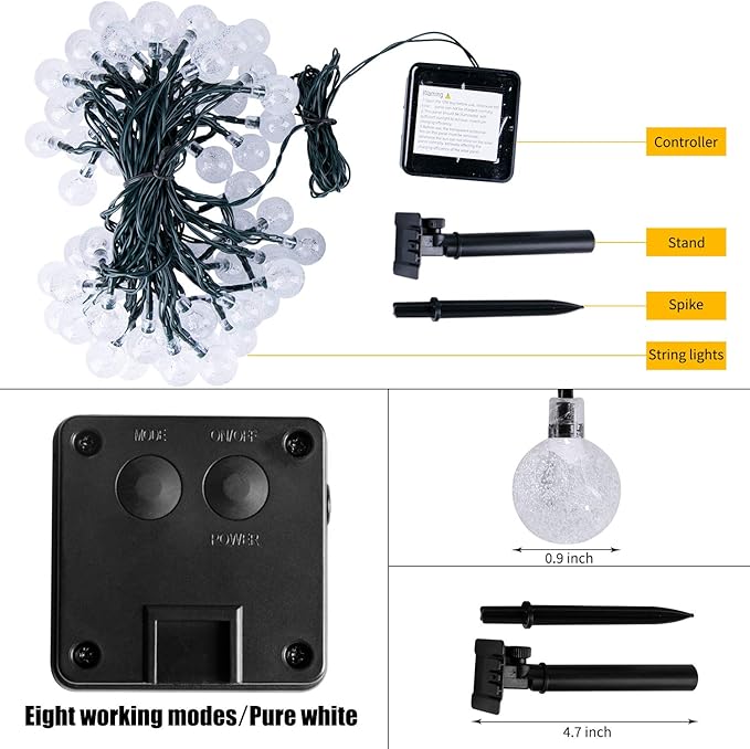 Brightown Outdoor Solar String Lights - 60 Led, 35.6 Feet with 8 Modes, Waterproof, Perfect for Garden, Yard, Porch, Wedding Party Decor (Pure White)