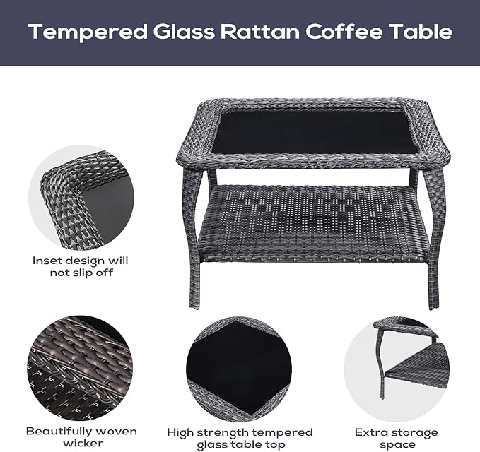 Outdoor Furniture Sectional Sofa L Shaped Couch - Patio Wicker Set with 2 Swivel Glider Chairs, 8 Piece Rattan Patio Conversation Sets with Blue Cushion for Deck Backyard Sunroom