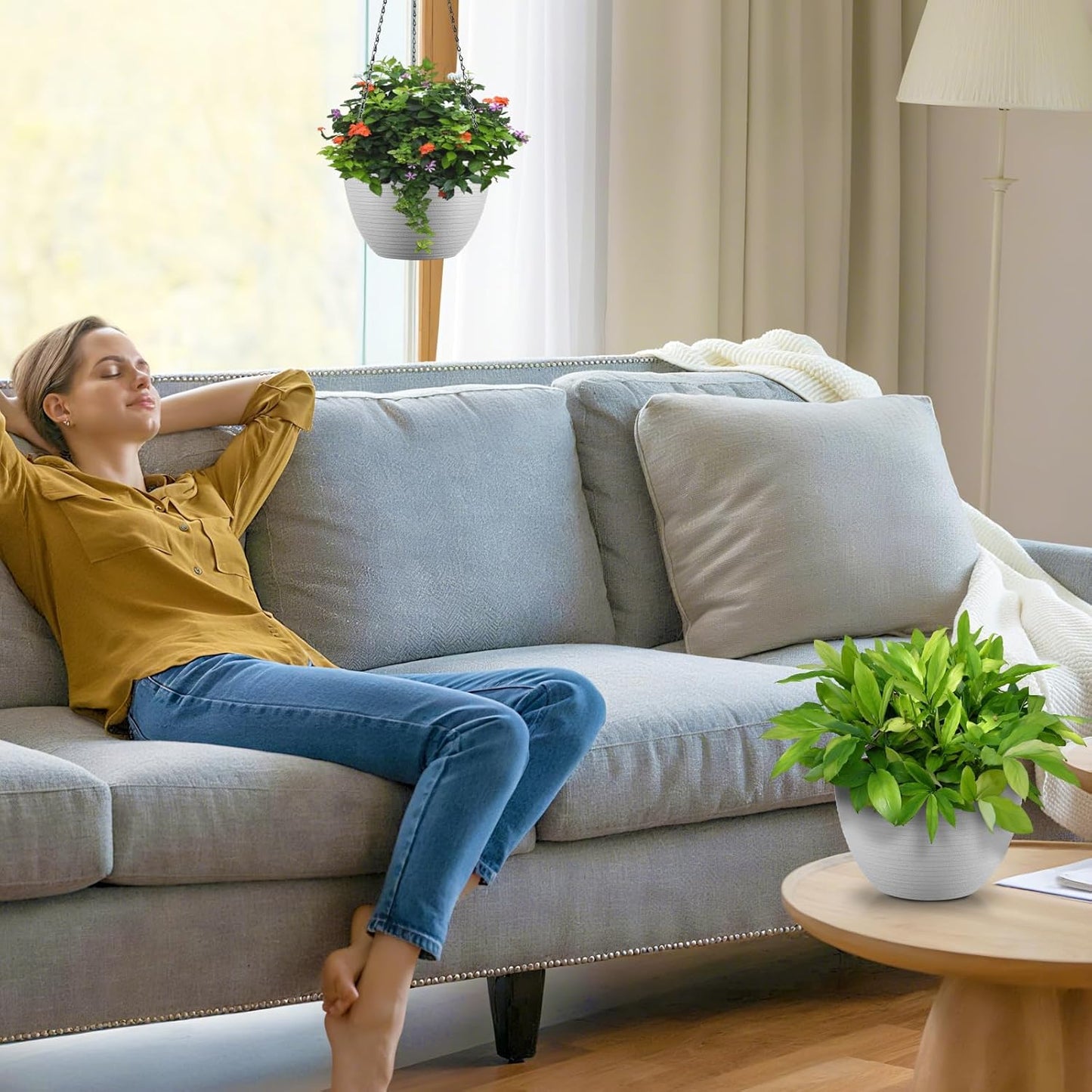 Hanging Planters for Indoor Outdoor Plants, Set of 2 Self Watering Hanging Pots with Drainage Hole & Plug and 20" Chain & Hooks