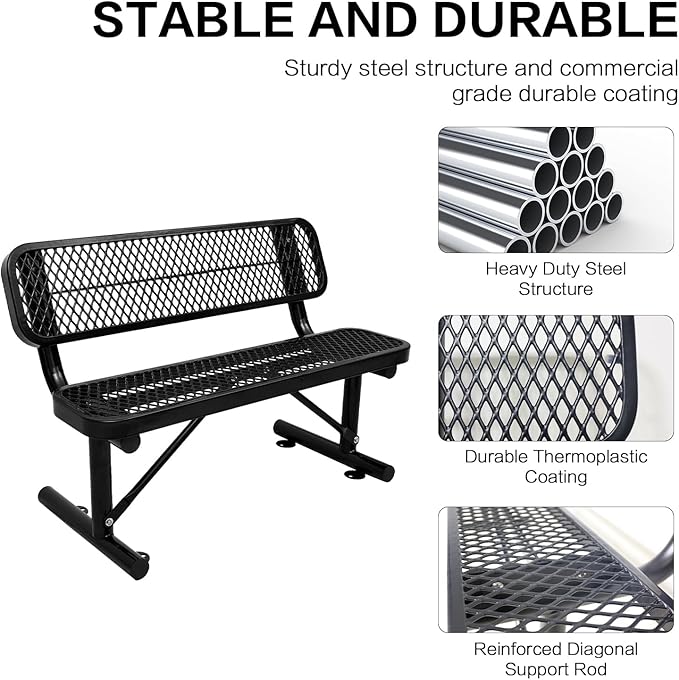 4/6/8 Feet Park Bench for Outside Heavy Duty Metal, Garden Benches Outdoor Bench with Backrest & Portable Frame, for Shopping Malls Stores Parks Patios Decks, Black