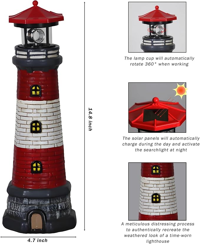Garden Outdoor Statues, Waterproof Lighthouse Lights Lawn Decor; Automatic Rotating Solar Lights for Yard, Patio, Ground, Tabletop Decoration; Unique Housewarming Gifts - Red