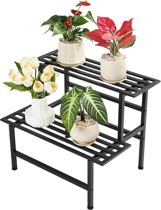 Metal Plant Stand Outdoor Plant Shelf Indoor,2 Tier Heavy Duty Ladder Plant Stands for Multiple Plants,26" L x 20.25" H x 17.75" W,Black