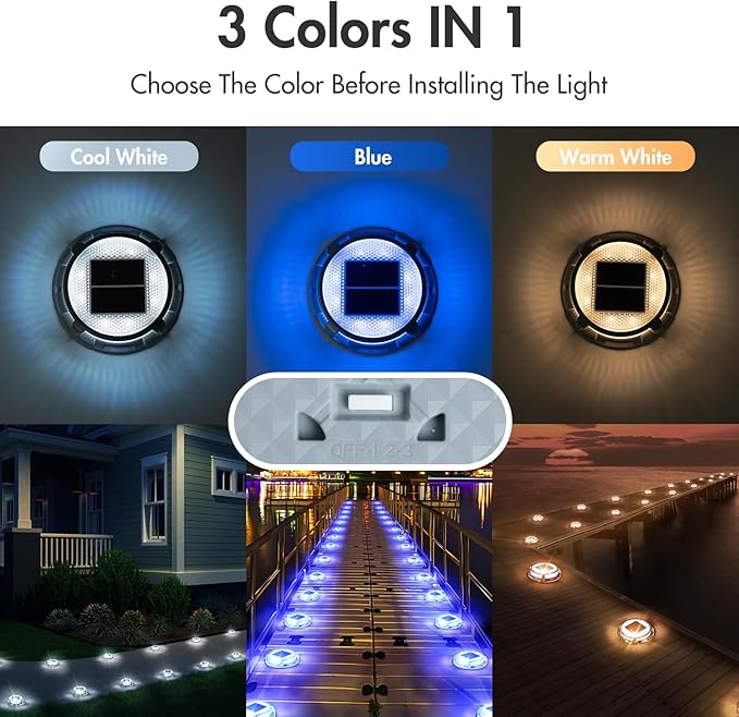 Quntis Solar Deck Lights Outdoor, 3 Color Modes Solar Driveway Lights IP68 Waterproof, Deck Light for Stair Pathway Walkway Pool Road (Blue/Cool White/Warm White) 2 Pack