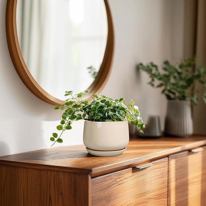 G EPGardening 4 inch Plant Pots - Ceramic Planter with Drainage Hole & Saucer, Small Plant Pots for Indoor Outdoor, Round Succulent Pot, Modern Decorative Flower Pot, Desk Decor, Garden Gifts, Beige